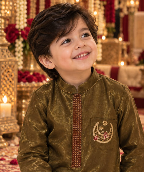 Zari Jaal Olive Kurta Set